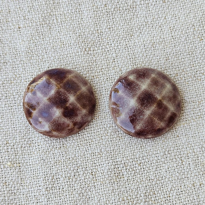 Round Faceted Artisan Ceramic Cabochons, Purplish Brown, one pair