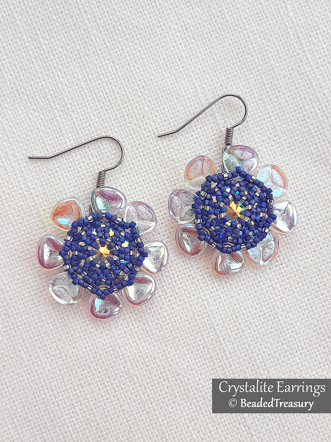 CRYSTALITE EARRINGS - Beading Tutorial with Rose Petal, Seed Beads and Swarovski Rivoli