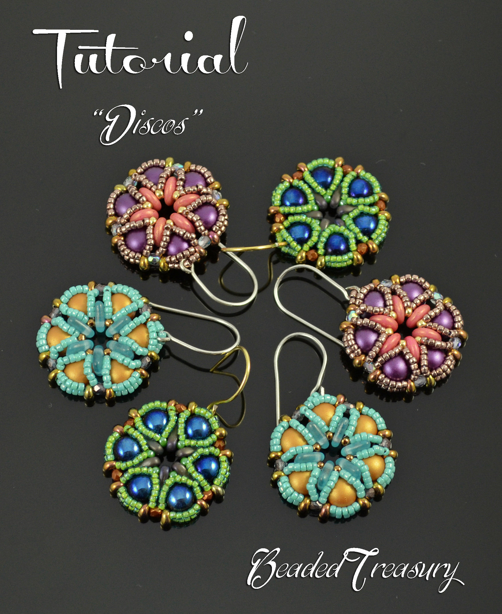 DISCOS - beaded earrings tutorial, beading pattern, Cabochon Lentil Triangle Bar bead pattern, seed beads / TUTORIAL ONLY