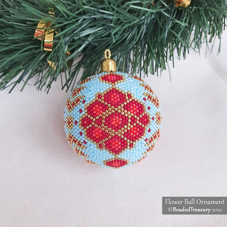 FLOWER BALL ORNAMENT - Christmas Beading Pattern - 3D Peyote Ball