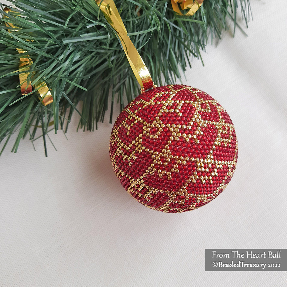 FROM THE HEART BALL - Beaded Christmas Ornament Pattern - 3D Peyote Ball