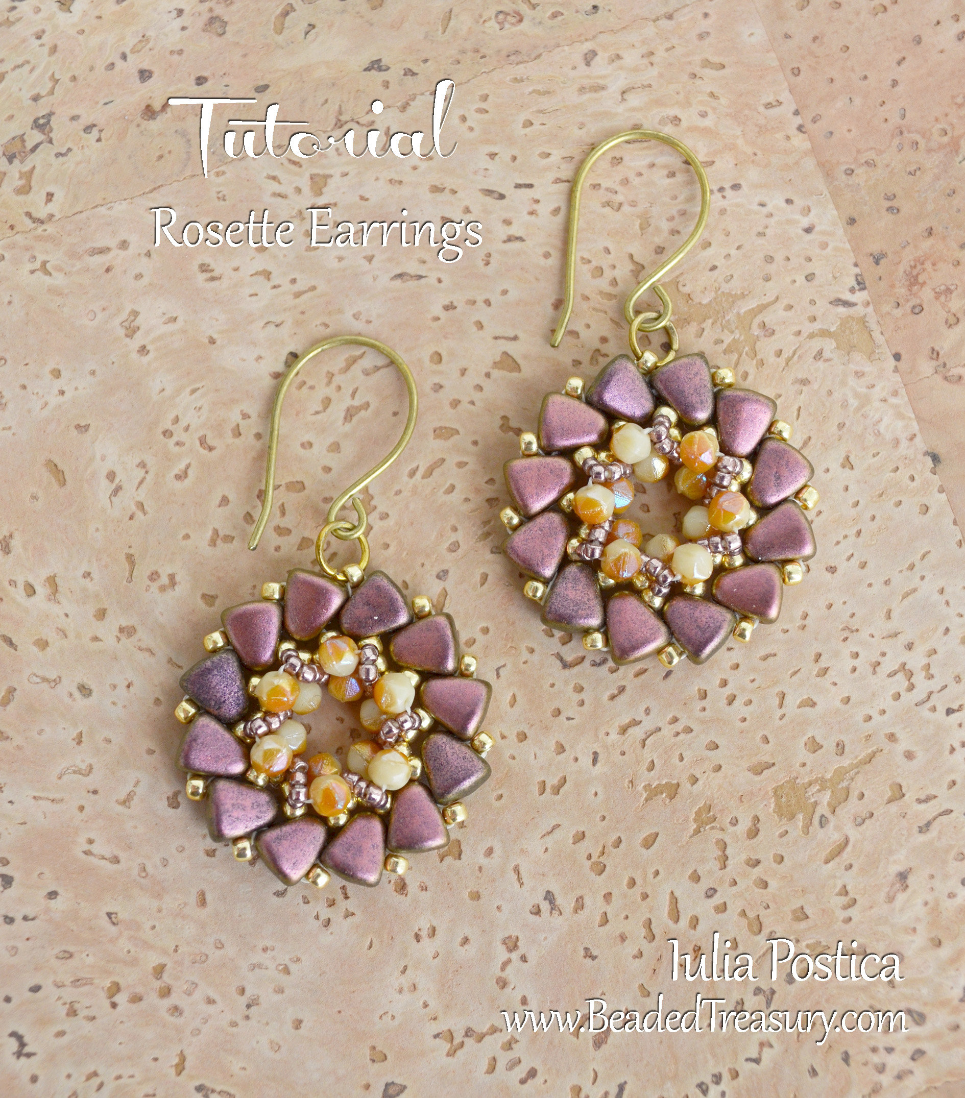 ROSETTE Beading tutorial Beaded earrings pattern with 2 hole Nib-Bit beads English cut round beads Seed beads TUTORIAL ONLY