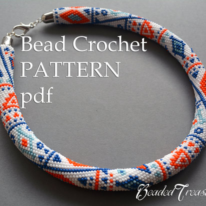 ETHNIC WAY - bead crochet necklace pattern / Bead crochet pattern / Bead crochet rope pattern / White, Blue, Orange / PATTERN ONLY