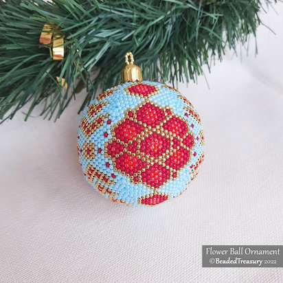 FLOWER BALL ORNAMENT - Christmas Beading Pattern - 3D Peyote Ball