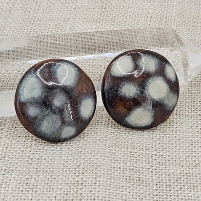 Round Artisan Ceramic Cabochons, Dark Brown White Dots, one piece
