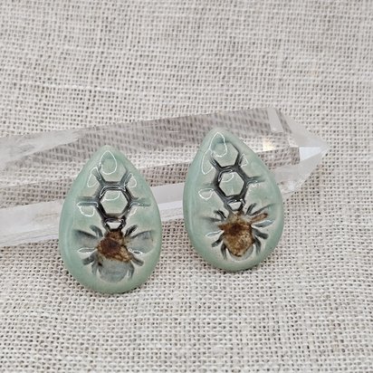 Honey Bee Drop Artisan Ceramic Cabochons, Mint Gray Brown, one piece