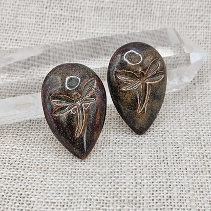Dragonfly Drop Artisan Ceramic Cabochons, Brown Travertine, one piece