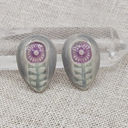 Flower Drop Artisan Ceramic Cabochons, Purple and Gray, one piece