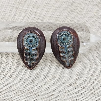 Flower Drop Artisan Ceramic Cabochons, Teal and Smokey Merlot, one piece