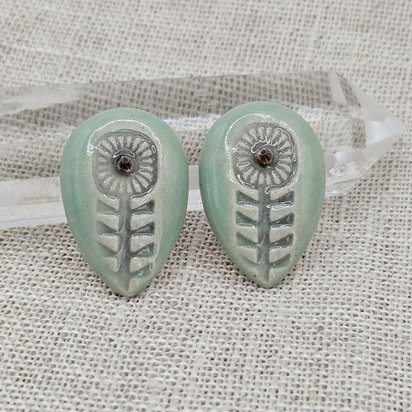 Flower Drop Artisan Ceramic Cabochons, Light Green and Gray, one piece