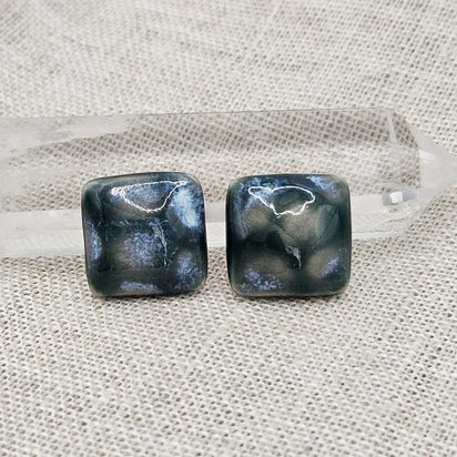 Square Artisan Ceramic Cabochons, 18x18mm, Deep Malachite Green with Blueish Clouds, one piece